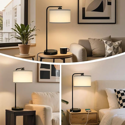 Seaside village Table Lamp for Bedroom with USB C+A Ports, Fully Stepless Dimmable Farmhouse Bedside Lamp Nightstand Light, Tall Reading Desk Lamp for Living Room, Office, 9W LED Bulb Included