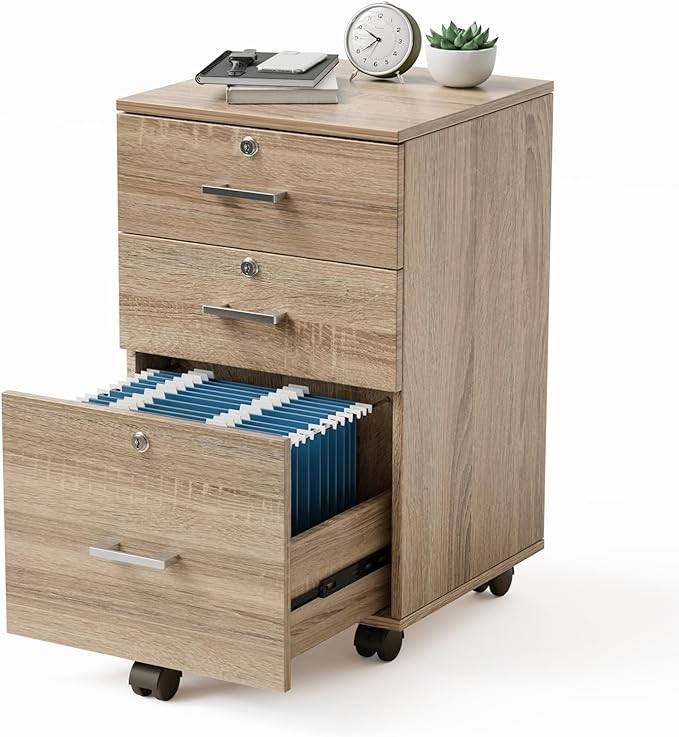VINGLI 3-Drawer File Cabinet with Lock, Wood Rolling Filing Cabinets for Home Office, Mobile Printer Stand, Under Desk File Organizer for Letter Sized Files, 26" H(Caster Included), Oak