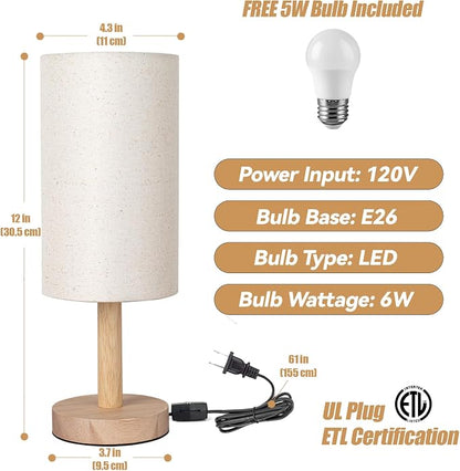 LALISU Small Table Lamp for Bedroom, Nightstand Lamp Linen Lampshade Bedroom Wood Base Small Bedside Lamp for Night Stands, Desk Lamps for Reading Living Room, Office (LED Bulb Included) (Wood Base)