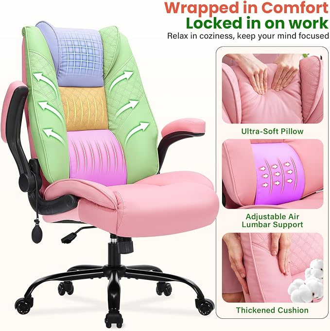 500lbs Big and Tall Office Chair with Inflatable Lumbar Support, Rubber Wheels Executive Chair with Rocking Function, High Back Wide Cushion Leather Ergonomic Computer Desk Chair for All-Day Sitting