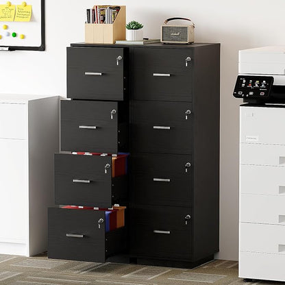 VINGLI 4 Drawer File Cabinet with Lock, Home Office Filing Organizer, for Letter Size File Folder Storage, Wood Tall Vertical Filing Cabinet, Printer Stand, Archivador (Black)