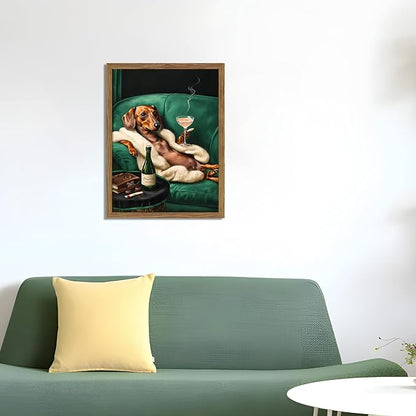 Framed Funny Dachshund Wall Art, Playful Dog Canvas Print with Martini and Cigar, Humorous Animal Poster, Abstract Dog Wall Decor for Living Room Bedroom, Gift for Pet Lovers 8x10 inch