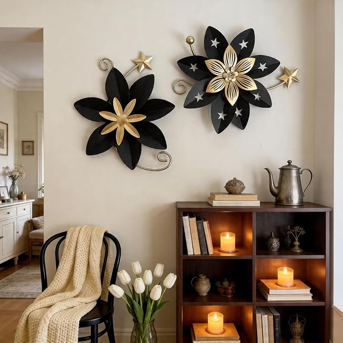 LIFFY Metal Flower Wall Decor, Black & Gold Floral Metal Wall Art for Indoor Outdoor,Black Wall Decor Boho Modern Wall Decor for Bathroom, Living Room, Bedroom, Porch, Garden, Yard (Black & Gold 2)