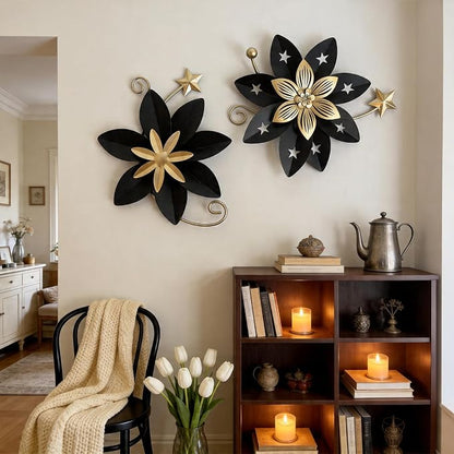 LIFFY Metal Flower Wall Decor, Black & Gold Floral Metal Wall Art for Indoor Outdoor,Black Wall Decor Boho Modern Wall Decor for Bathroom, Living Room, Bedroom, Porch, Garden, Yard (Black & Gold 2)