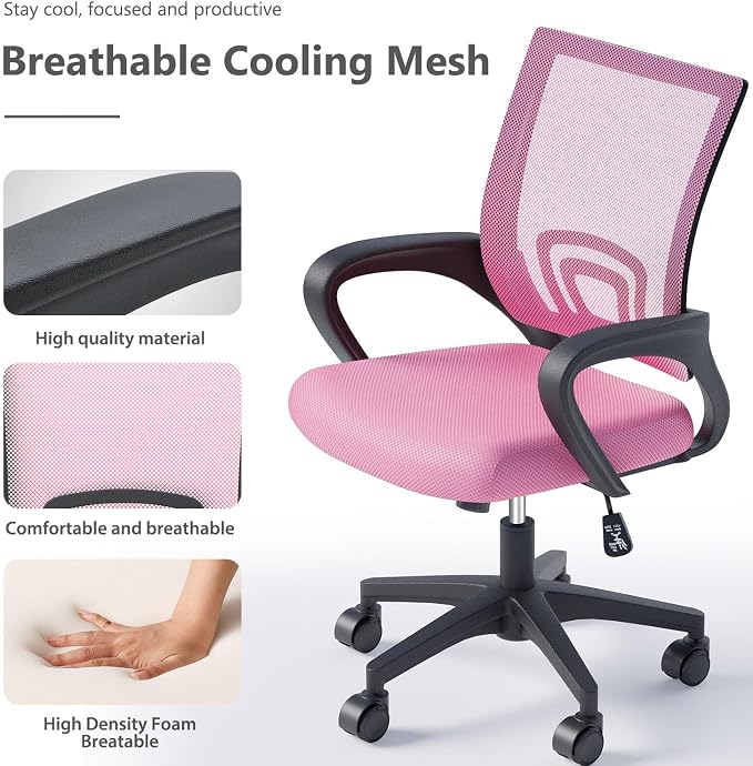 OS MOTOR Home Office Chairs, Ergonomic Mid-Back Mesh Desk Chairs with Lumbar Support, Adjustable Swivel Rolling Design, Comfy Armrest for Work, Study, Gaming, Vanity, Pink, 2 Pack