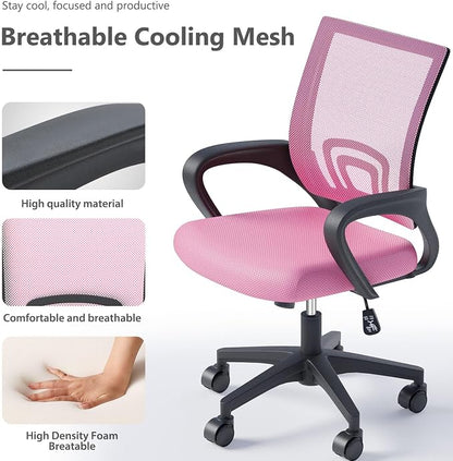 OS MOTOR Home Office Chairs, Ergonomic Mid-Back Mesh Desk Chairs with Lumbar Support, Adjustable Swivel Rolling Design, Comfy Armrest for Work, Study, Gaming, Vanity, Pink, 2 Pack
