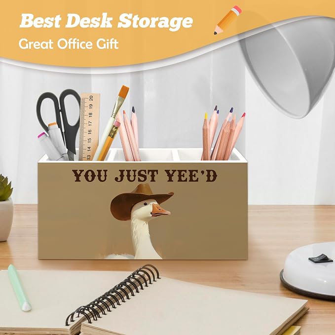 Funny Western Cowboy Goose Pen Holder Organizer for Desk Accessories, Goose Gifts Wooden Box Sign Desk Decorations for Home Bedroom Office Decor, Western Office Decor, Cowboy Gifts