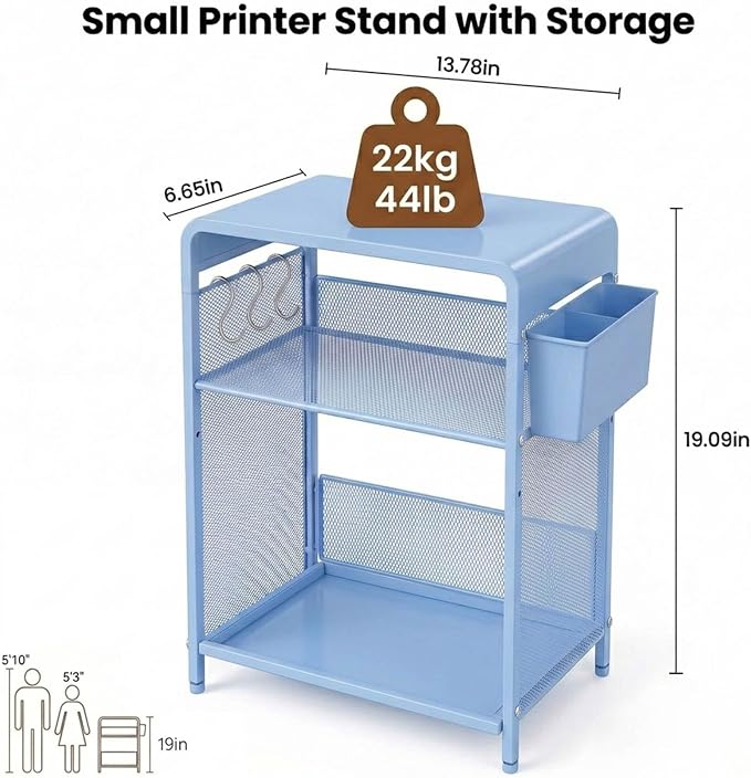 ECOLOVI 3 Tier Printer Stand for Under Desk, Height Adjustable Shelf Small Printer Table with 3 S-Hooks & Basket, Heavy Duty Industrial Storage Shelf for Home Office (Blue Metal)
