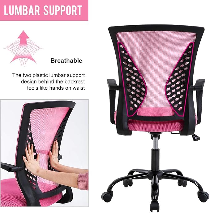Office Chair Desk Chair Computer Chair with Lumbar Support Armrest Mid Back Rolling Swivel Task Adjustable Mesh Ergonomic Chair for Women Adults, Pink