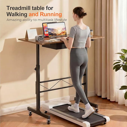 COMHOMA Small Standing Desk with Storage Drawer, Mobile Height Adjustable Rolling Sit Stand Desk with Lockable Wheels 4‑Level Portable Laptop Desk for Small Space Home Office Treadmill Workstation