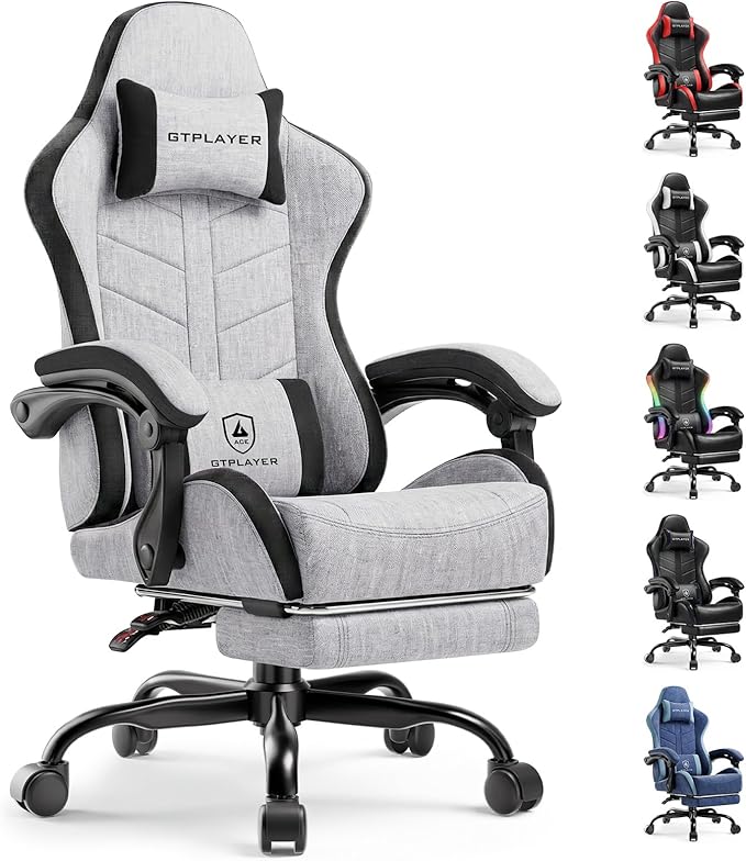GTPLAYER Gaming Chair with Footrest, Computer Gaming Chair for Adults, Height Adjustable Gamer Chair with 90-155° Recline & Removable Headrest Lumbar Support,Linen Fabric Gray-Black