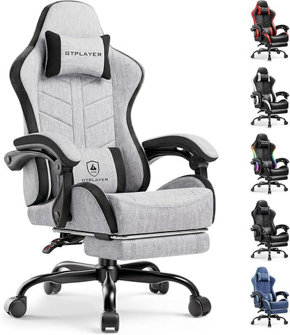 GTPLAYER Gaming Chair with Footrest, Computer Gaming Chair for Adults, Height Adjustable Gamer Chair with 90-155° Recline & Removable Headrest Lumbar Support,Linen Fabric Gray-Black