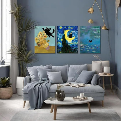 Funny Black Cat Wall Art Monet Cat in Water Lilies Canvas Wall Decor Van Gogh Starry Night Sunflower Aesthetic Pictures Paintings Prints for Bedroom Living Room Bathroom 16x24 in Framed