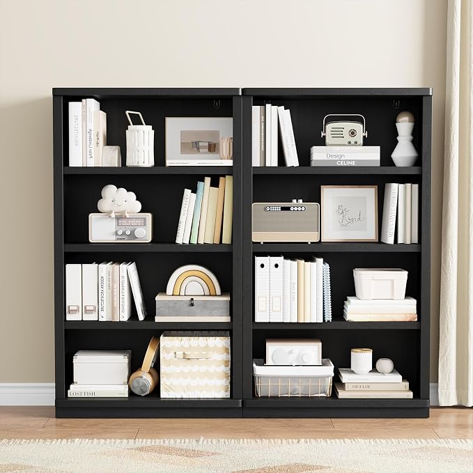 Rresyet 4 -Tier Bookcase, 31" Tall Book Shelf, 55” Wide Bookshelves, Wooden Bookcase Display Storage for Home Office, Living Room and Study Room (Black)