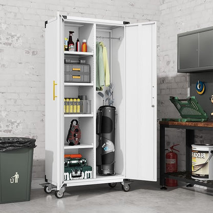 erosoei 71" Broom Storage Cabinet, Cleaning Tool Storage Cabinet, Garage Utility Storage with Hooks and Hanging Rods, Heavy Duty Garden Tool Organizer, for Home, Garage, Laundry Room, Gym, Workshop