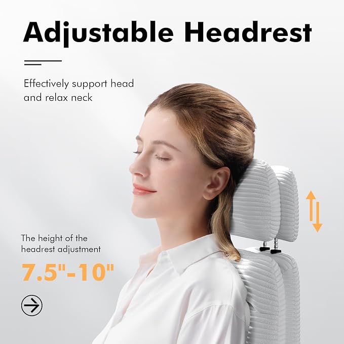 GXJ Criss Cross Legged Office Chair with Flip-up Arms, Footrest, G800 Plus | 6.3" Cushion Relieves Tailbone Pain, Head-Lumbar Support Eases Fatigue, Smooth Rolling Wheels, Corduroy Desk Seating, White