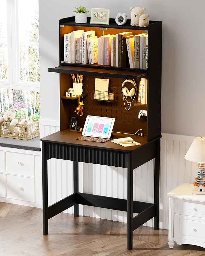 HNEBC Black Computer Desk - with Power Outlets & Chariging Station,Small Writing Desk with Hutch and Drawers,66.3''H Office Desk with Pull-Out LED Lights,Pop-up Glass Door,Pegboards,Bedroom
