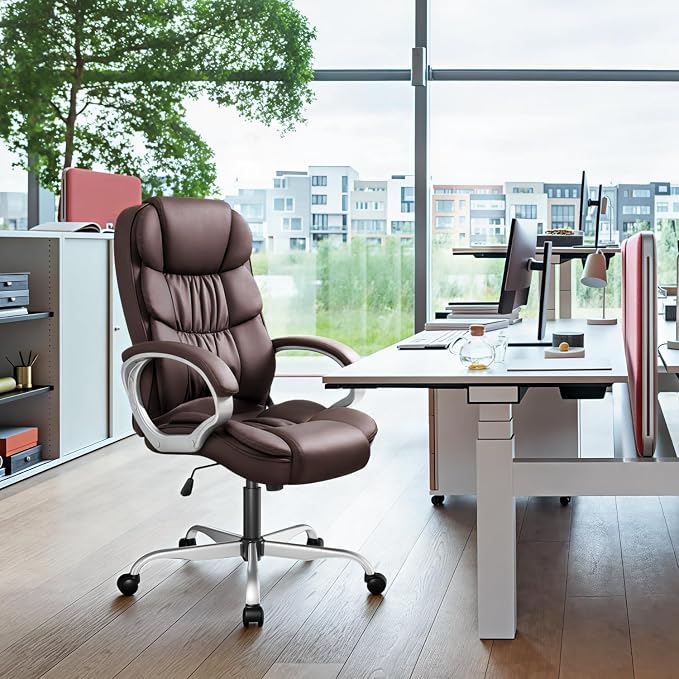 GUNJI Office Chair PU Leather High Back Executive Chair Ergonomic Computer Chair, Modern Adjustable Home Desk Chair Swivel Managerial Chair with Padded Armrests and Lumbar Support (Brown)