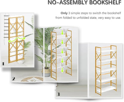 4NM 5 Tiers No Assembly Book Shelves, 51.2" H Folding Bookshelf Bookcase Open Industrial Foldable Shelves for Bedroom, Living Room, Home Office - White Gold