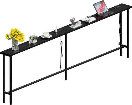GRLEAF 90" Sofa Table with Built-in Power Strip (4 AC Outlets & 4 USB Ports) – 4.9ft Power Cord, Metal Frame, Easy Assembly, Long Couch Table Behind Sofa, Living Room and Home Office | Black