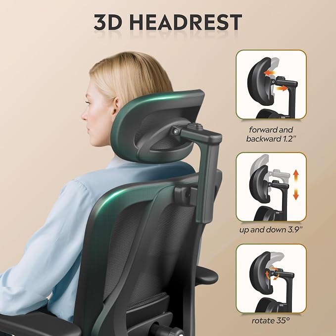 DEVAISE Ergonomic Mesh Office Chair with Adjustable 3D Headrest and Tilt Function, Big and Tall Reclining Comfy Home Computer Desk Chair with Lumbar Support and 3D Armrests, Black