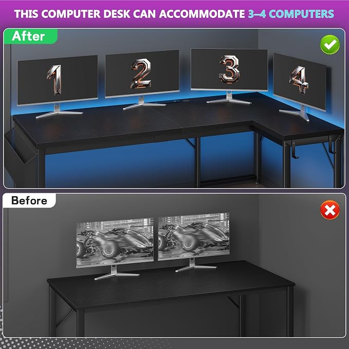 DurayLoly 63" Larger L Shaped Desk for 2 Monitors or 2 Laptops, Reversible Computer Desk with Power Outlets and USB-C Port, Gaming Desk with LED, 0.95" Thicker Office Corner desk for Study, Work Black