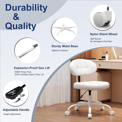 Misolant Vanity Chair with Back, Small Armless Cute office Chair with wheels and Lumbar support, Comfy PU Leather Desk Computer Chairs with Adjustable Height, 360°Swivel for Home Bedroom Office, White