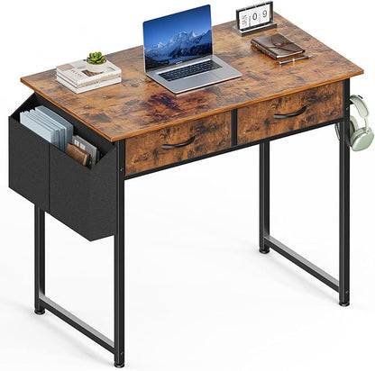 Sweetcrispy 32 Inch Small Computer Desk with Fabric Drawers for Bedroom Home Office, Writing Gaming Desks Study PC Table with Side Bag and Headphone Hook, Rustic Brown