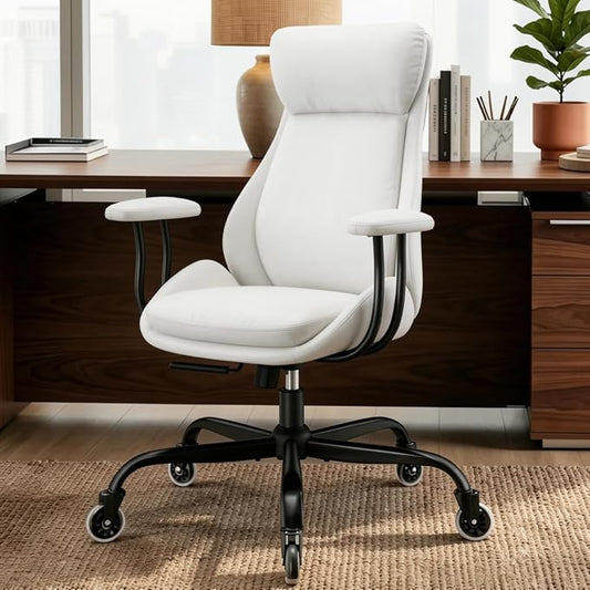 E-Motie Office Chair, Leather Desk Chair with Rubber Wheels, Ergonomic Computer Chair 500 LBS with Lumbar Support, High Back Executive Chair for Modern Home Office, White