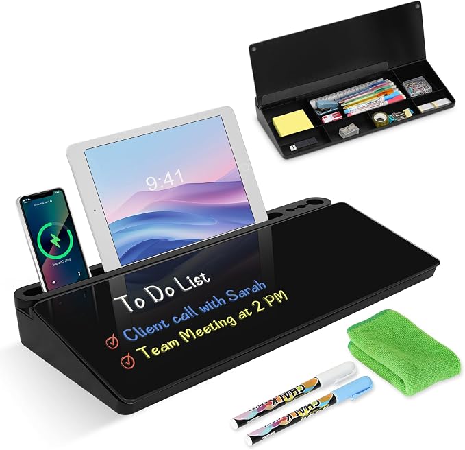 Desktop Glass Whiteboard with Storage, Desk Board with Computer Keyboard Stand, White Dry Erase Board with Drawers for Home, School, Office Desk Organizers and Accessories - Black