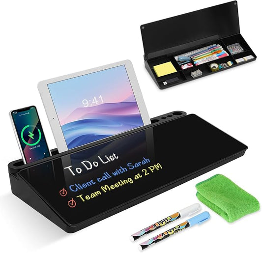 Desktop Glass Whiteboard with Storage, Desk Board with Computer Keyboard Stand, White Dry Erase Board with Drawers for Home, School, Office Desk Organizers and Accessories - Black