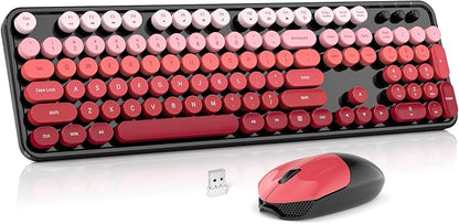 Wireless Keyboard and Mouse Combo, MOWUX Full Size Typewriter Retro Round Computer Keyboard, Cute Optical Mouse Wireless, Plug and Play, for Laptop, PC, Computer- Black Red Gradient