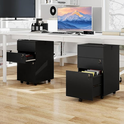 LOKO Mobile File Cabinet with 3 Drawers, Wooden Rolling Filing Cabinet with Lock, Under Desk File Organizer for A4/Letter/Legal Size, for Home Office, Study (Black)