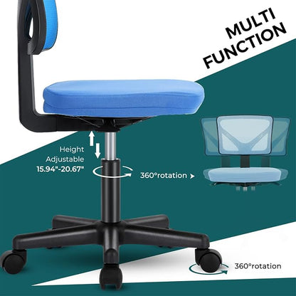 DUMOS Small Office Chairs with Wheels, Ergonomic Adjustable Home Desk Swivel Rolling Task Chair No Arms, Comfy Mesh Mid Back Computer Work Vanity Desk Chairs for Small Spaces, Blue