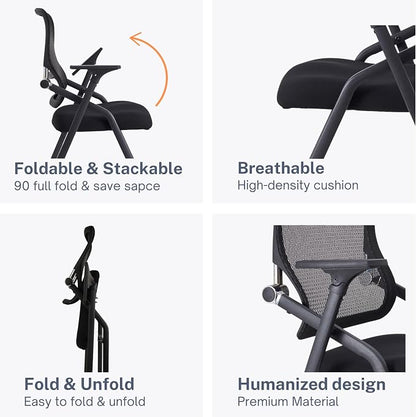 Updated Conference Room Chairs, Folding Office Desk Chair with Lumbar Support and Sliding Armrest with Casters, Stackable Office Guest Chairs & Reception Chairs, 6 Pack Black