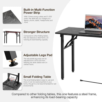 TEMI Small Computer Desk Folding Table - No Assembly, Compact 43.3" Foldable Desk with Power Outlets & USB Charging Port, Portable Small Office Desk, Ideal Mini Study Table, Marble Greige