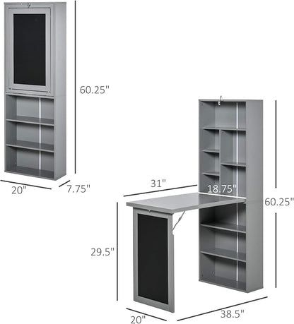 Folding Wall Mounted Desk with Storage, Expandable Hidden Computer Desk, Foldable Space-Saving Pull Out Murphy Table, Writing Table with Blackboard for Home Office Bedroom Small Spaces (Charcoal grey)