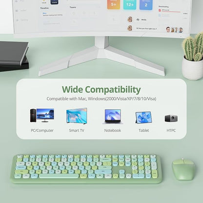 Surmen Cute Colorful Green Keyboard and Mouse Wireless Silent, Full-Size Retro Typewriter Wireless Quiet Slim Keyboard Low-Noise 2.4GHz for Computer, Desktop, Laptop(Sage Green)