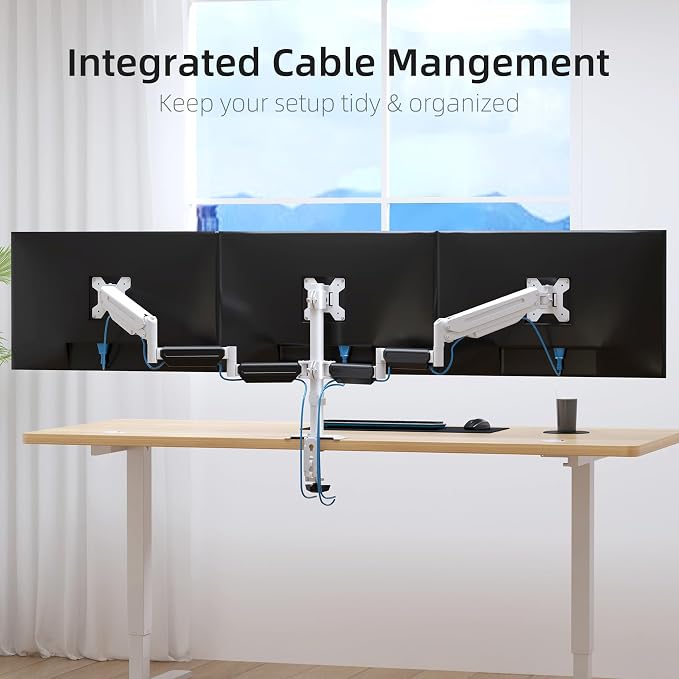 suptek Triple Monitor Mount for Most 17 to 32 inch Screens,Gas Springs Adjustment Triple Monitor Desk Mount Stand with Clamp & Grommet Kit,White(MDX003W)