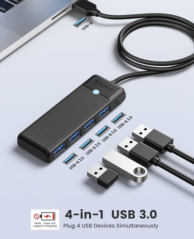 ORICO USB 3.0 Hub, 4-Port USB Hub with 3.3Ft Cable, Ultra Slim USB-Splitter for Laptop MacBook Pro, iMac, Surface Pro, XPS, PS5，PC, Flash Drive, Mobile HDD
