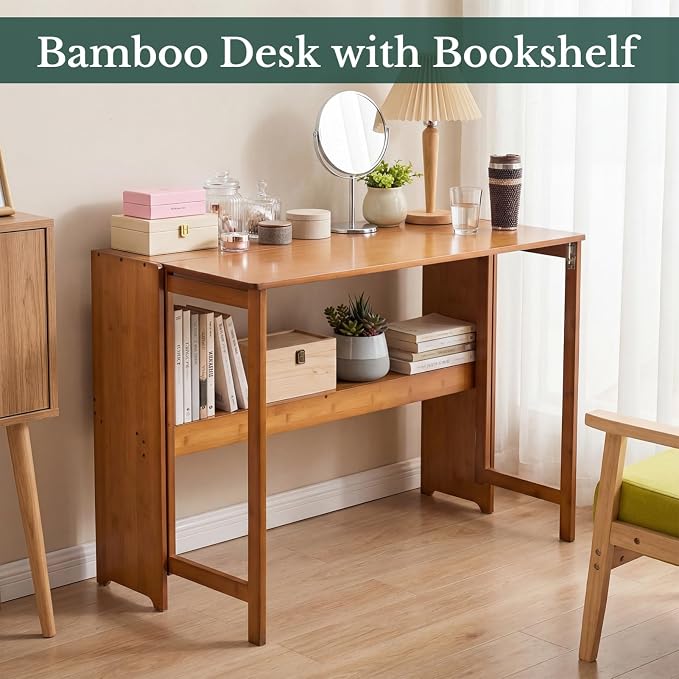 41'' Bamboo Folding Desk with Bookshelf, Space-Saving Computer Desk, Mid Century Modern Foldable Study Table for Home Office, Bedroom, Small Spaces - Brown