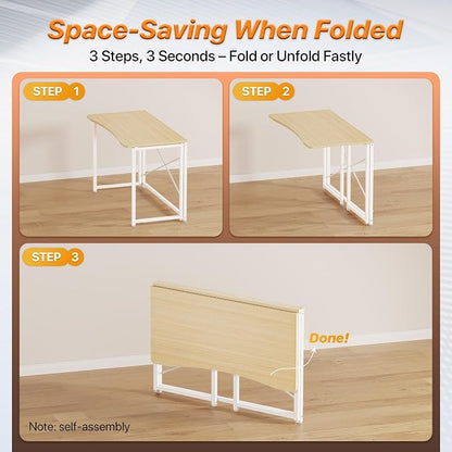 Huuger Folding Desk for Small Spaces, 39.3 Inch Foldable Computer Table, for Home Office, Study, Bedroom, Dorm, Space Saving, Small Writing Work Office Computer Desk, Easy to Fold, Oak