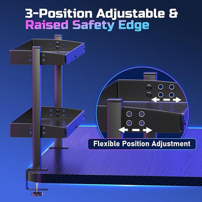 17 inch Adjustable 2-Tier Clamp On Desk Shelf with Hooks | Heavy Duty, Holds 44 lbs, No Drill, for Home Office, Gaming & Desk Organizer