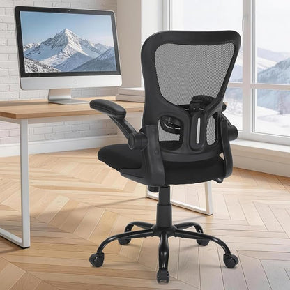 Ergonomic Mesh Office Chair with Adjustable Lumbar Support, Flip-Up Arms & Rolling Swivel Base, Breathable Computer Desk Chair for Home Office, Study & Remote Work, Black