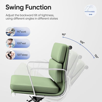 Genuine Leather Office Chair, Padded Mid Back Ergonomic Executive Desk Chair with Aluminum Arm Rest and Base, Swivel Wheels with Lumbar Support & Tilting Function, Hight Adjustable, Light Green