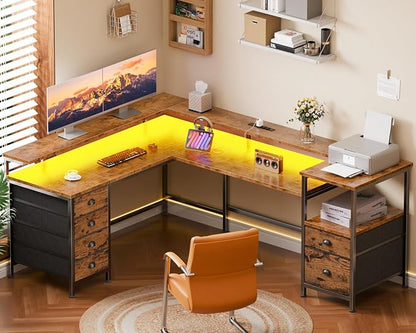 Furologee 95" Two Person Computer Gaming Desk, Long 2 Person Home Office Desk with 6 Drawers & Storage Shelves, Double Table with Power Outlets, LED Lights and Full Monitor Shelf, Rustic Brown
