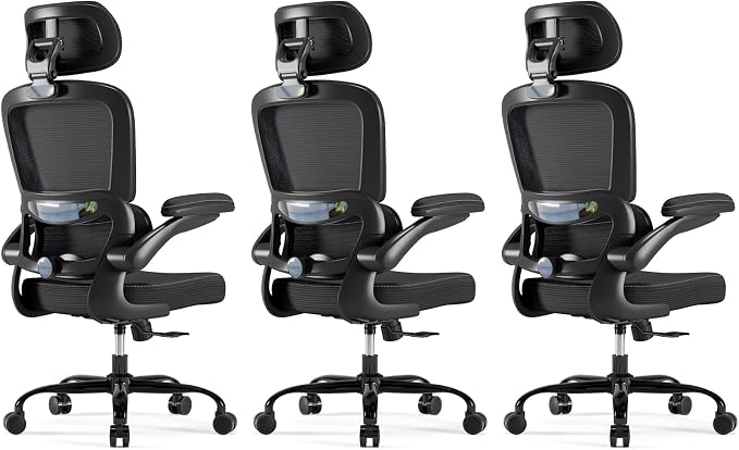 TRALT Ergonomic Office Chair - Desk Chair with Adjustable Headrest Lumbar Support Computer Chair - Mesh Comfy Chair with Flip-up Armrests - Gaming Chair for Adults Home Office PU, Black, Pack of 3