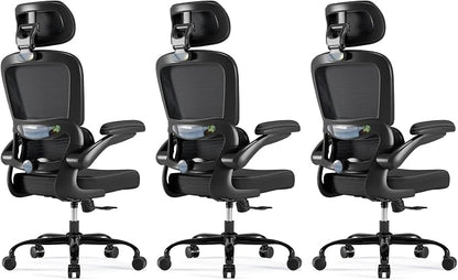 TRALT Ergonomic Office Chair - Desk Chair with Adjustable Headrest Lumbar Support Computer Chair - Mesh Comfy Chair with Flip-up Armrests - Gaming Chair for Adults Home Office PU, Black, Pack of 3