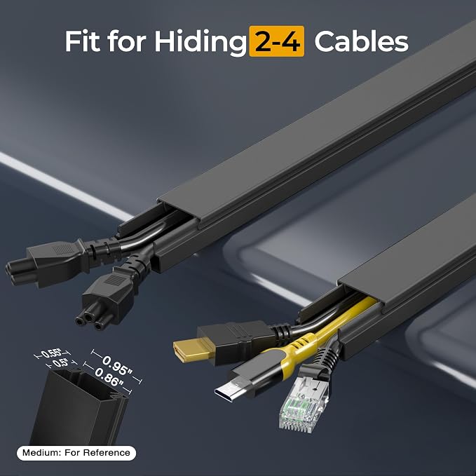 Cord Hider Kit, 113.4in Cord Covers for 2-4 Wires on Wall, Self-Adhesive Cable Hider Wire Covers for Cords on Wall, Paintable Cable Cover Raceway, Cord Hider for Walls Mount Tv, W0.95 H0.55in, Black
