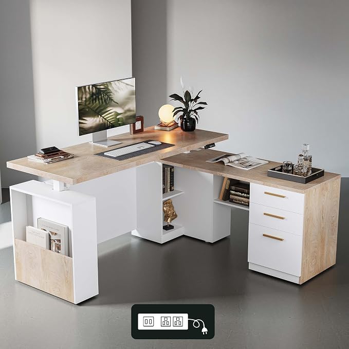 ModernMate 63" Standing Desk with File Cabinet, Privacy Panel, AC/USB, 1.18" Desktop, Executive L Shaped Height Adjustable Electric Stand Up Desk, Home Office Table with 3 Drawers, Light Walnut